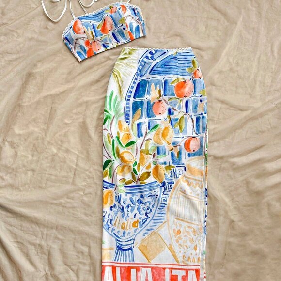 Multicolor Boho Women's Vacation Style Scenery Print Short Cami & Midi Skirt Set - Picture 5 of 6